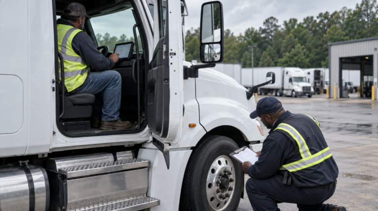 Commercial truck driver reviewing electronic logs while an inspector checks the vehicle