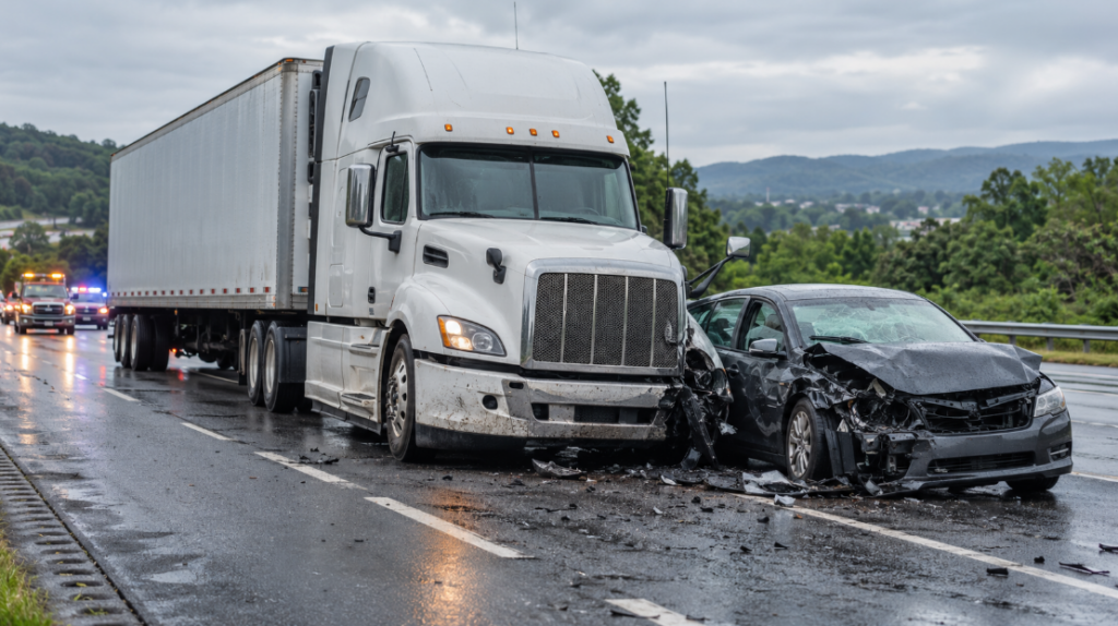 Commercial truck and passenger car damaged in a collision on a wet Greenville roadway